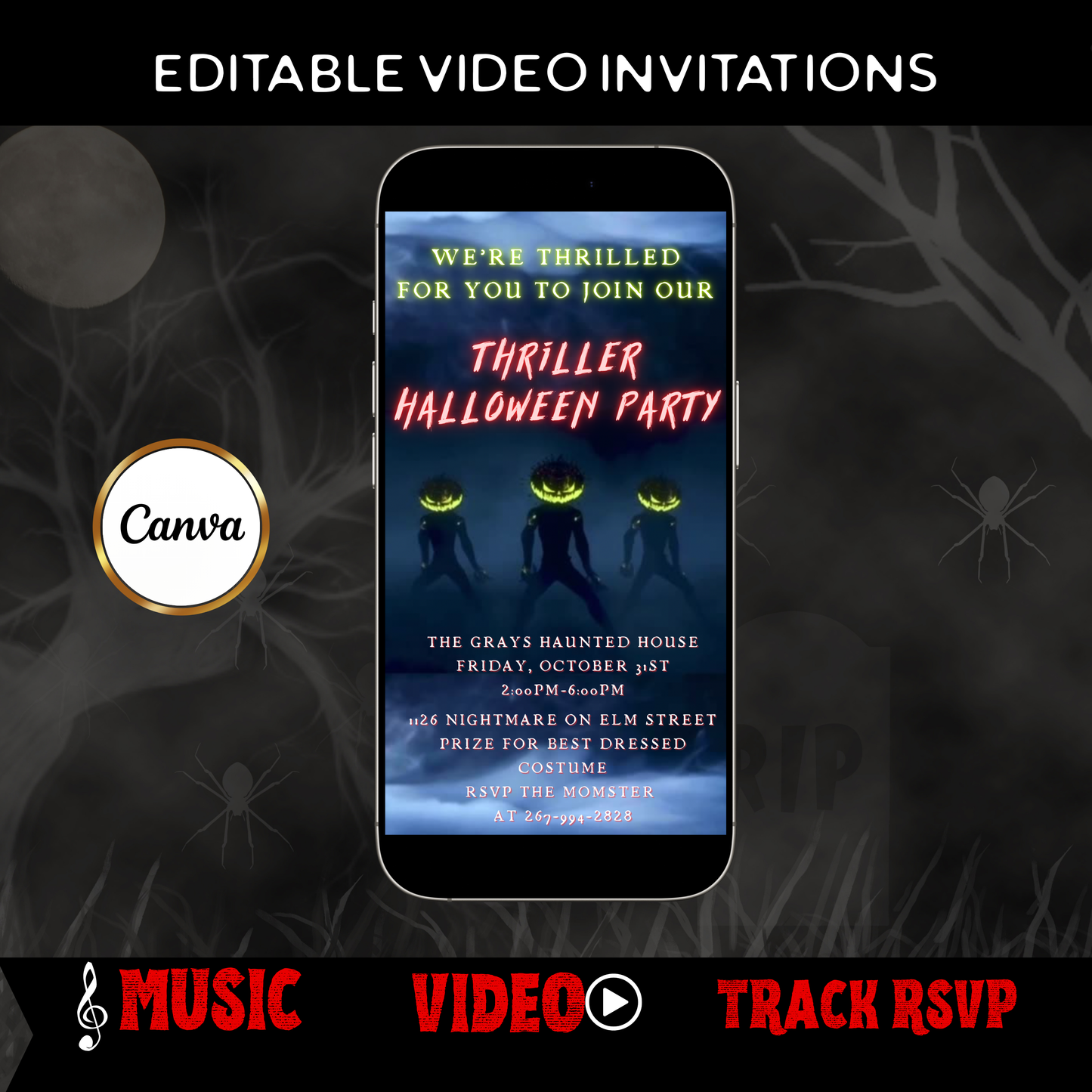 Halloween-Videoeinladung | Animierte digitale Halloween-Einladung | Bearbeitbare Canva-Einladungsvorlage
