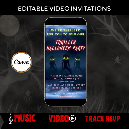 Halloween-Videoeinladung | Animierte digitale Halloween-Einladung | Bearbeitbare Canva-Einladungsvorlage