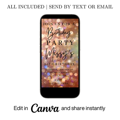 Rose Gold Bokeh Video Invitation | Animated Birthday Digital Evite | Editable Canva Invite Template