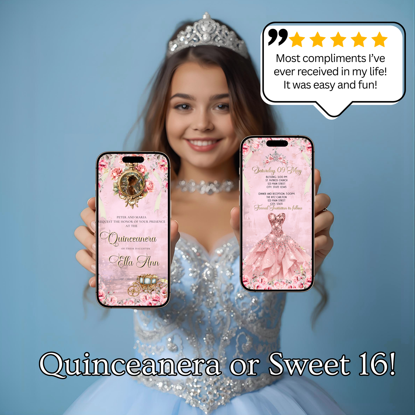 Pink Quinceañera Video Invitation | Digital Royal Sweet 15 16 Animated Invite | Editable Canva Template