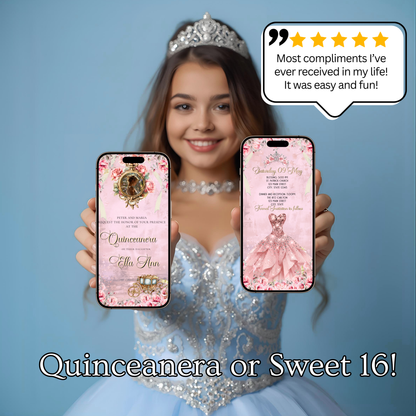 Pink Quinceañera Video Invitation | Digital Royal Sweet 15 16 Animated Invite | Editable Canva Template