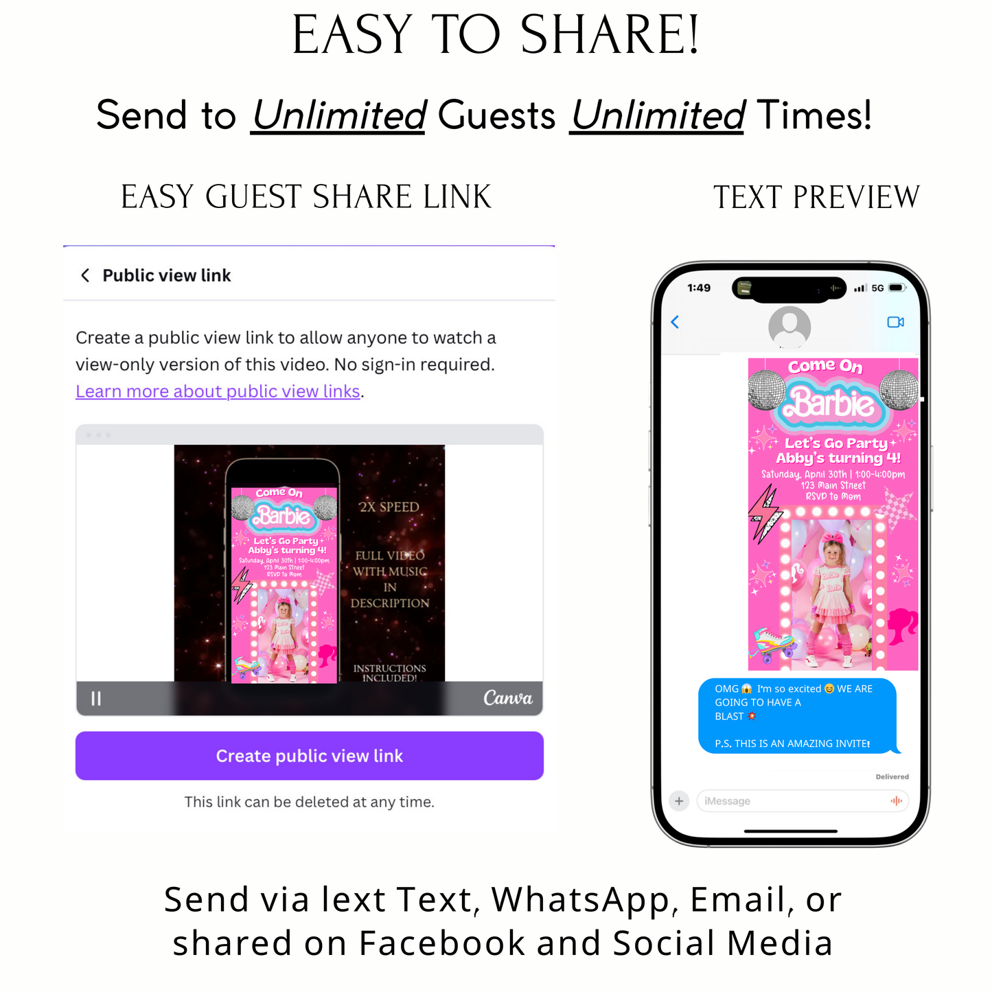 Editable Barbie Video Invitation | Animated Pink Barbie Digital Evite | Editable Canva Invite Template
