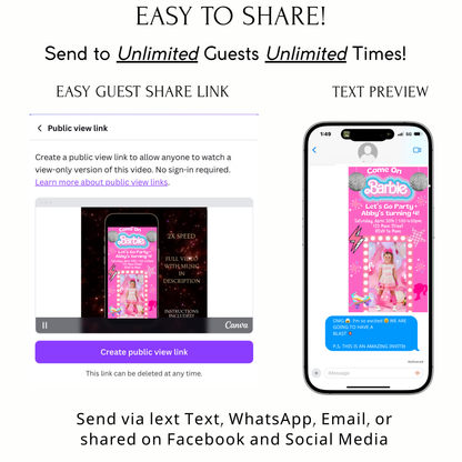 Editable Barbie Video Invitation | Animated Pink Barbie Digital Evite | Editable Canva Invite Template