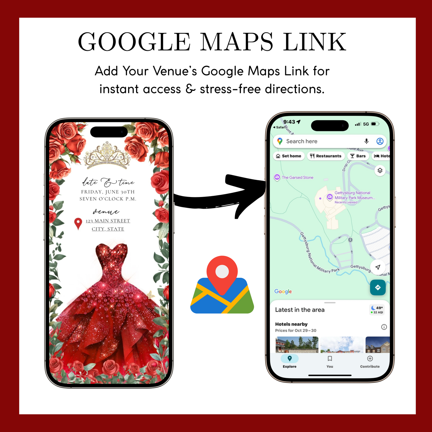 Einladung zur Quinceañera mit roten Rosen | Einladung zur Sweet 15/16 mit RSVP-Tracking | Canva-Vorlage