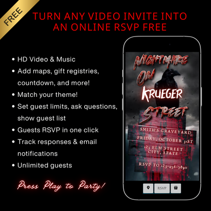 Halloween Video Invitation, Nightmare on Elm Street Animated Invite, Editable Halloween Party Mobile Evite