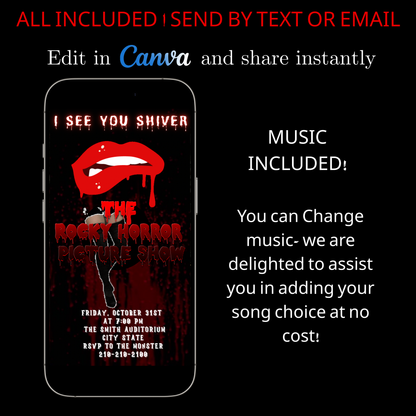Halloween-Videoeinladung, animierte Einladung zur Rocky Horror Picture Show, bearbeitbare mobile Halloween-Party-Einladung