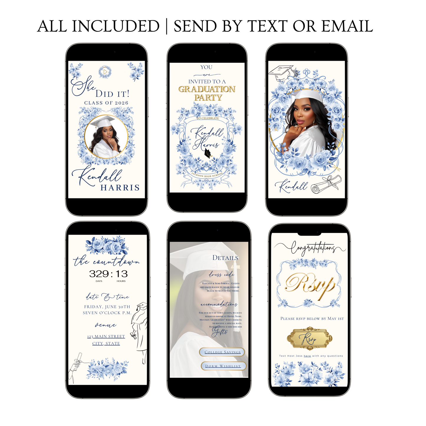 Einladung zur Abschlussfeier 2026 | Canva-Vorlage für Antwortmöglichkeit mit Musik | Blaues Blumenmuster für sie