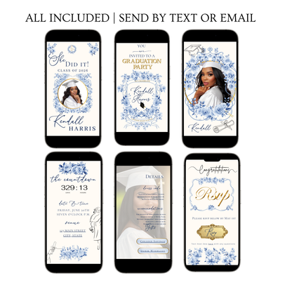 Einladung zur Abschlussfeier 2026 | Canva-Vorlage für Antwortmöglichkeit mit Musik | Blaues Blumenmuster für sie