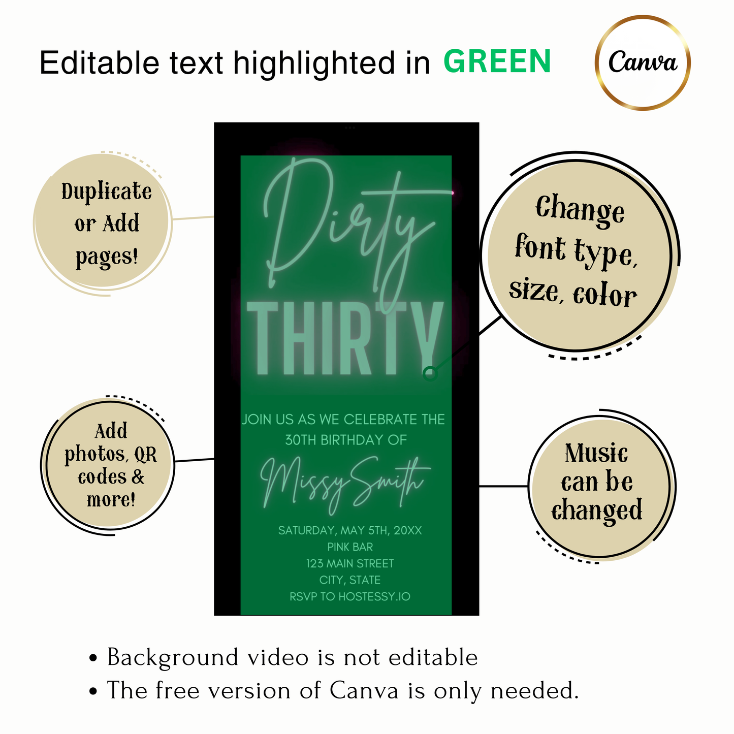 Editable 30th Birthday Video Invitation | Mobile Animated Dirty Thirty Evite | Canva Video Evite Download