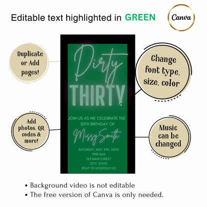 Editable 30th Birthday Video Invitation | Mobile Animated Dirty Thirty Evite | Canva Video Evite Download