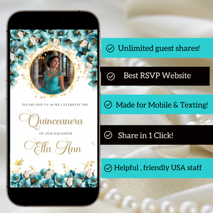 Turquoise and Gold Quinceanera Video Invite Animated Sweet 15 Quince Mobile Evite with RSVP tracking