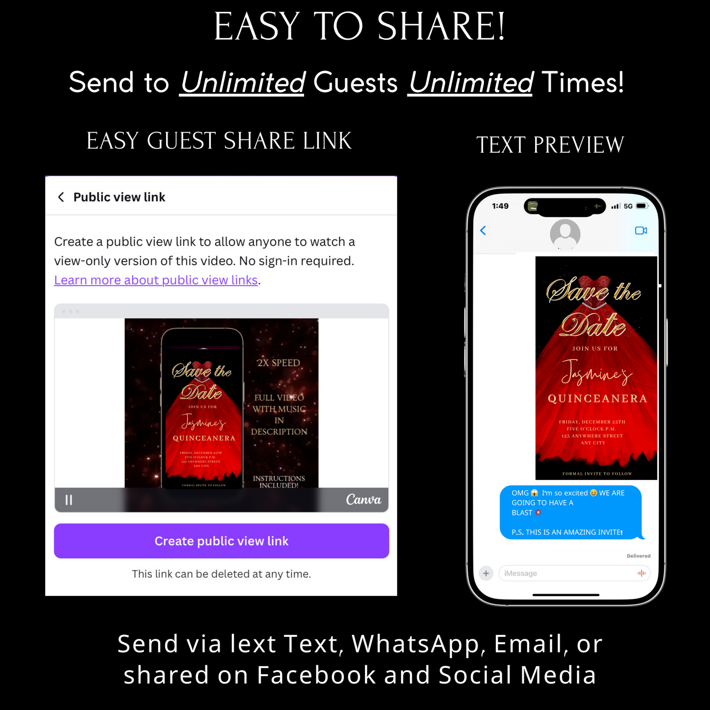 Red Quinceanera Video Invite | Sweet 15 16 Quince RSVP Tracker | Editable Canva Evite Template
