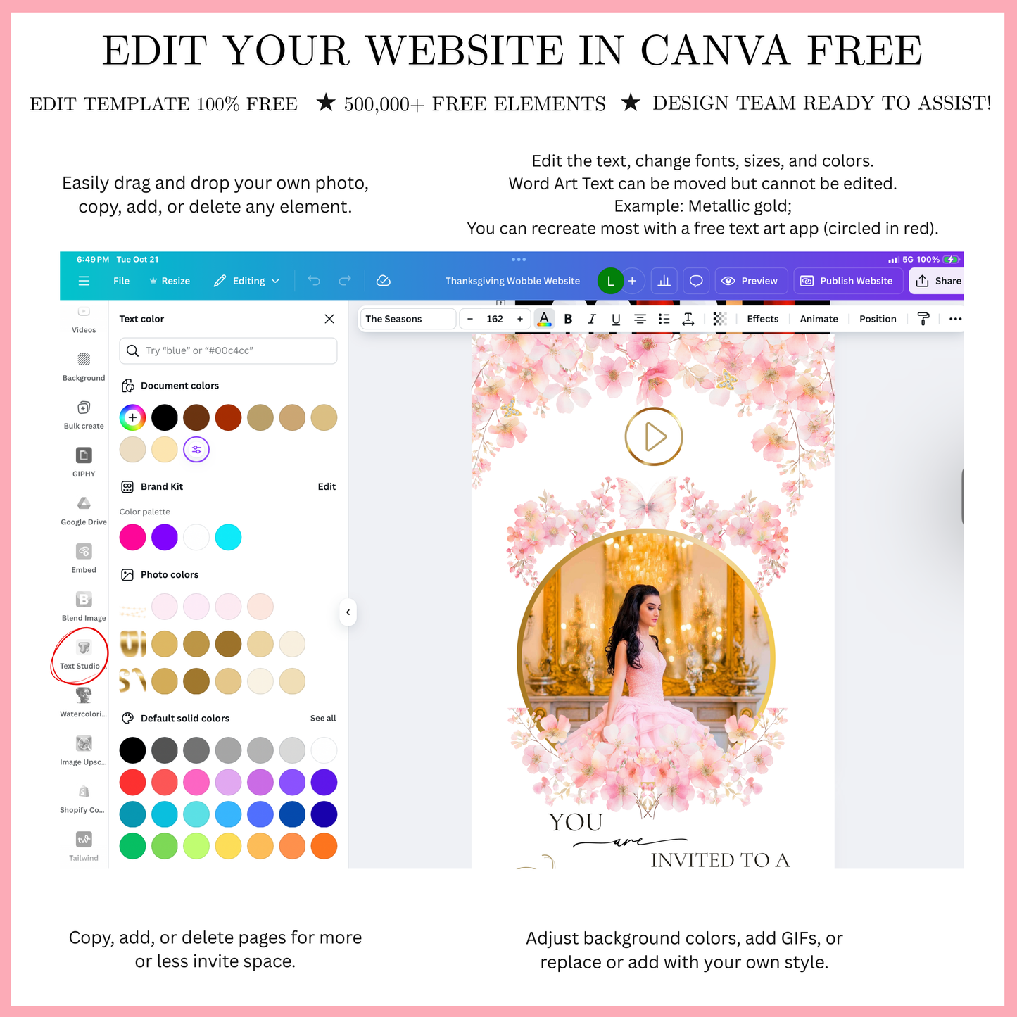 Pink Floral Quinceanera Website Invite |  Sweet 15 16 Evite RSVP Video Invitation | Canva Template
