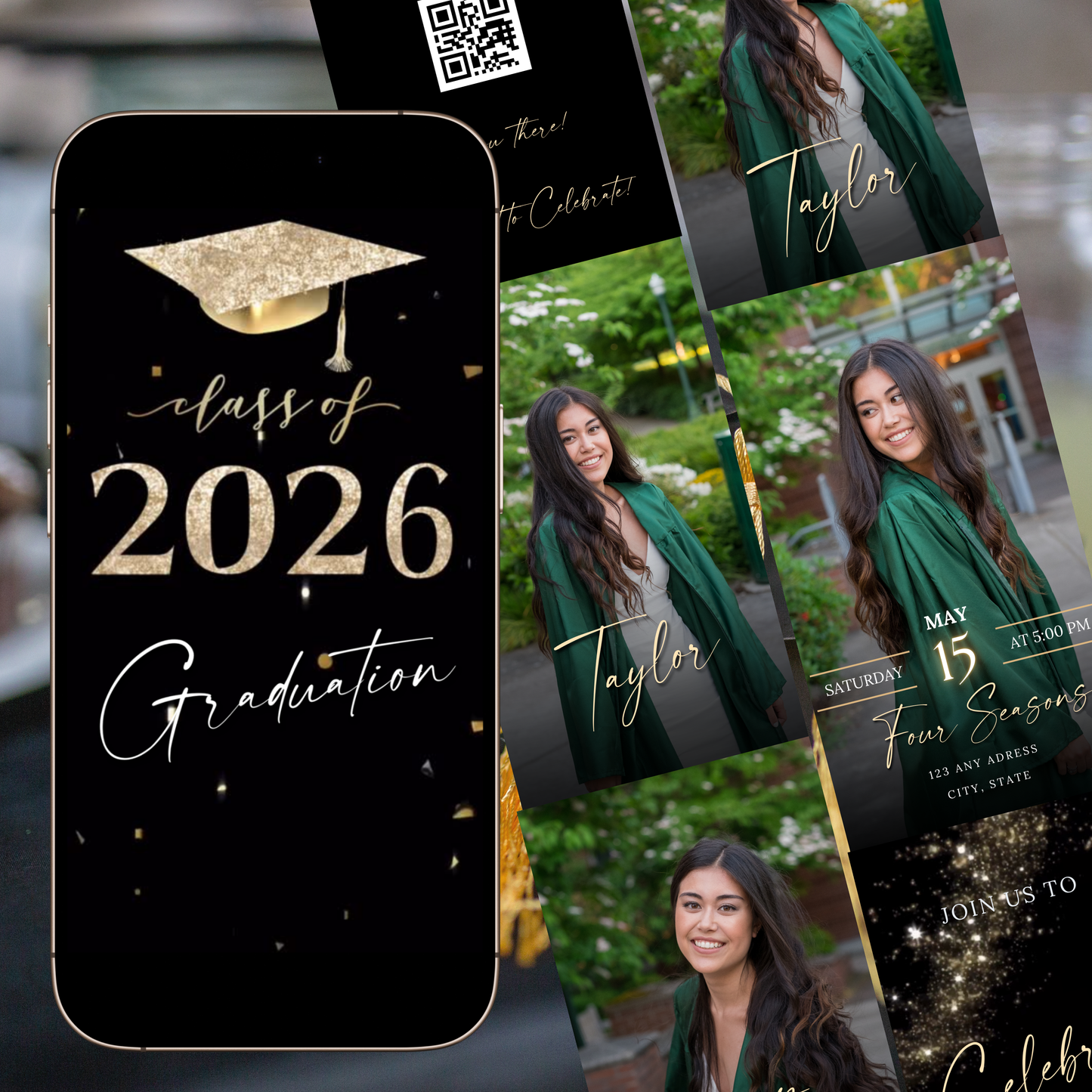 2026 Graduation Party Video Invitation | Digital Gold Graduation Invite | Editable Online RSVP Evite Canva Template
