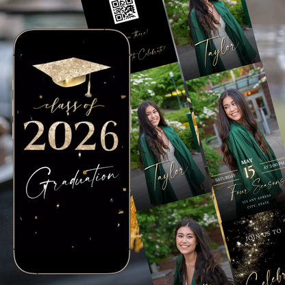 2026 Graduation Party Video Invitation | Digital Gold Graduation Invite | Editable Online RSVP Evite Canva Template