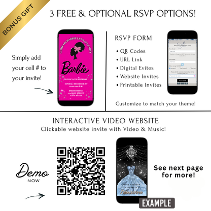 Editable Barbie Video Invitation | Animated Pink Barbie Digital Evite | Editable Canva Invite Template