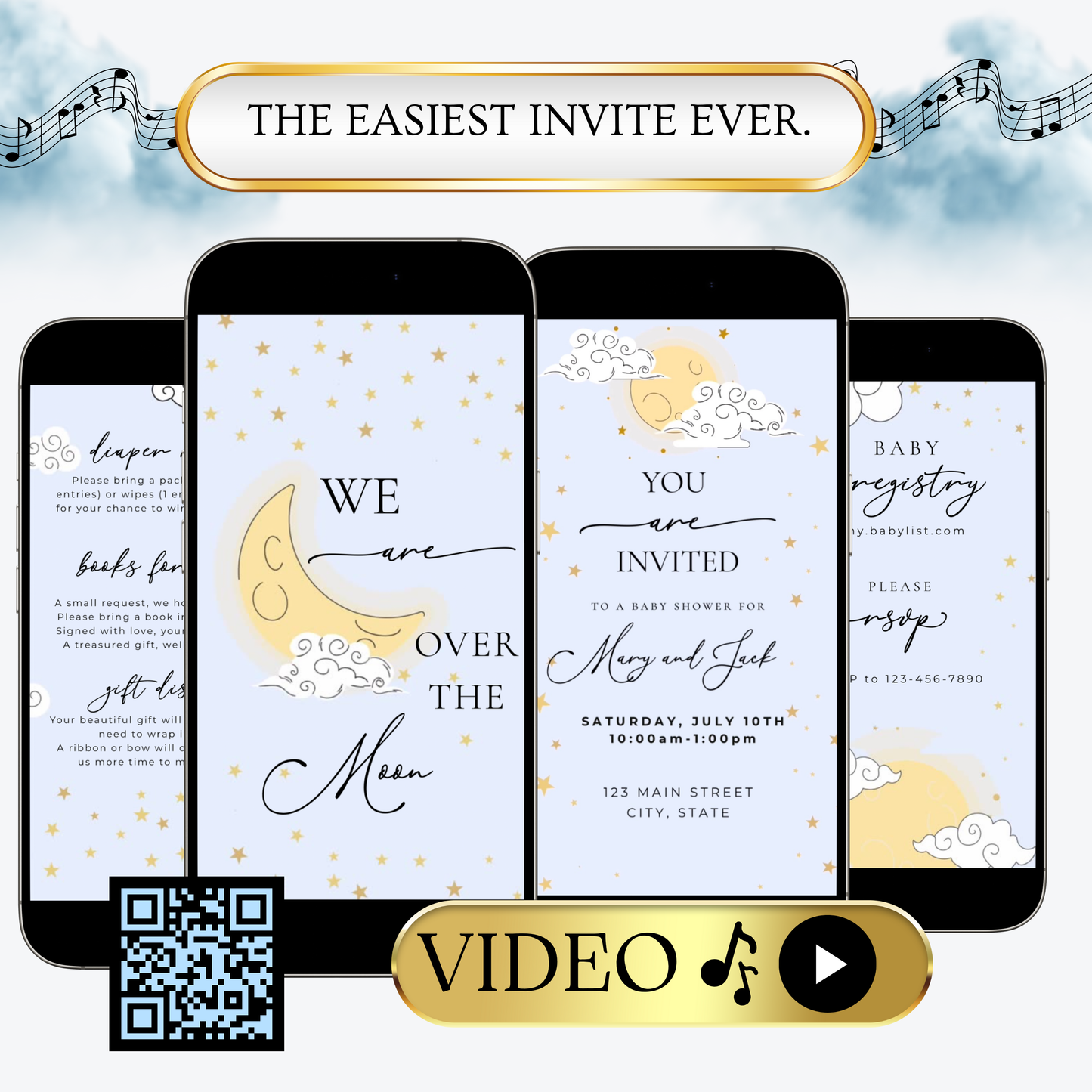 Over the Moon Baby Shower Video Invitation - Stars and Moon Baby Shower Mobile Evite