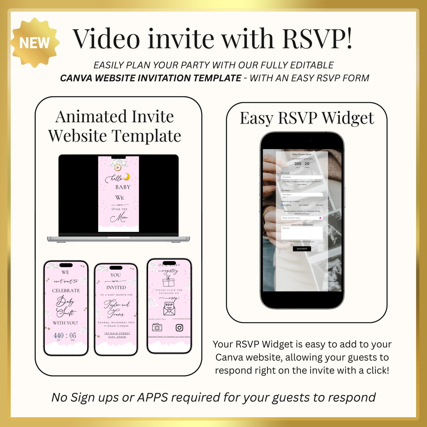 Over the Moon Baby Shower Mini Website | Canva Editable Template | Its a Girl Video Invite