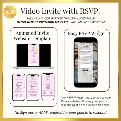 Over the Moon Baby Shower Mini Website | Canva Editable Template | Its a Girl Video Invite