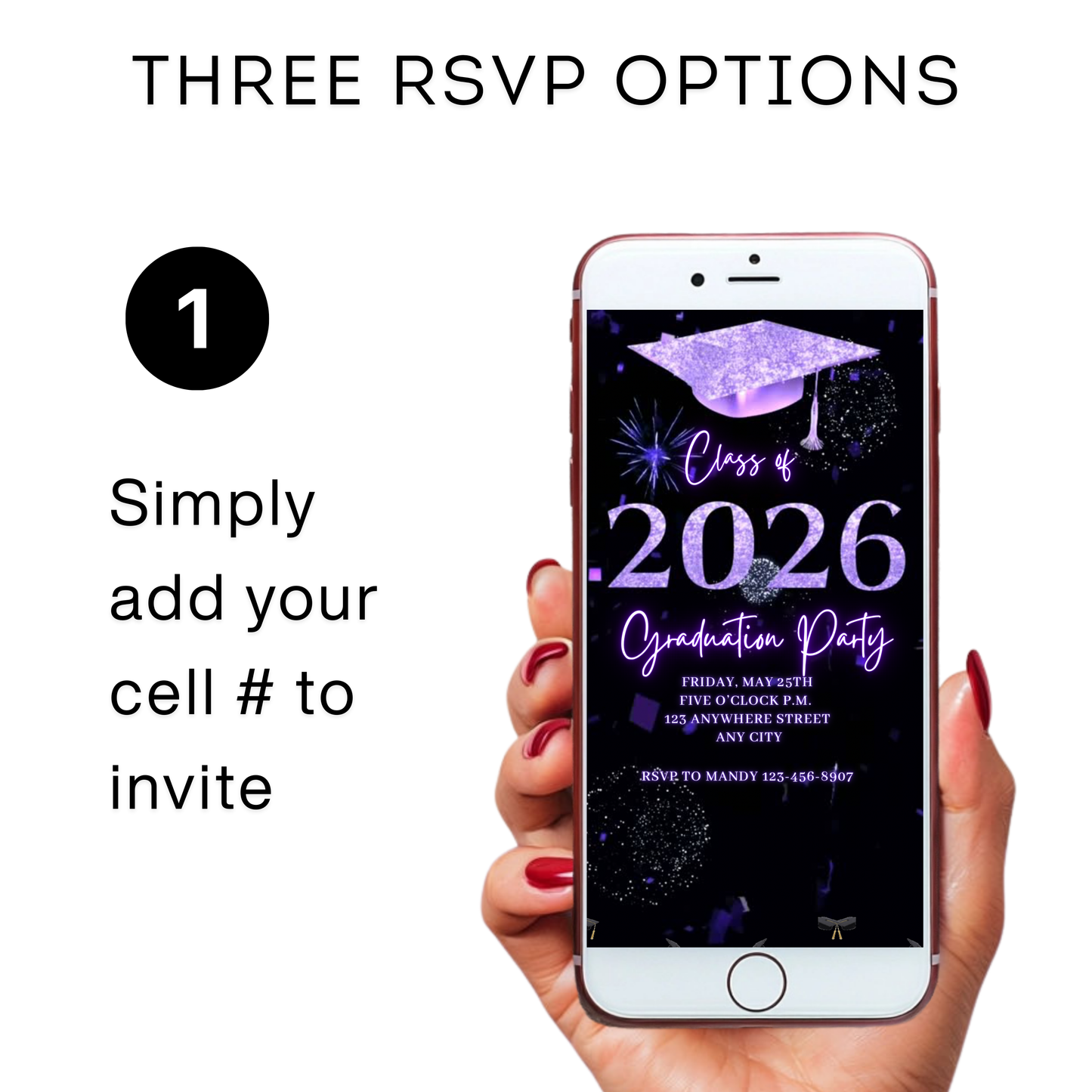 Graduation Party Video Invitation | Purple and Black Graduation Invite for Her | Editable Online RSVP Evite Canva Template