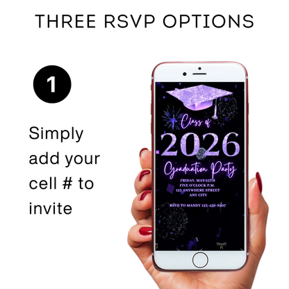 Graduation Party Video Invitation | Purple and Black Graduation Invite for Her | Editable Online RSVP Evite Canva Template