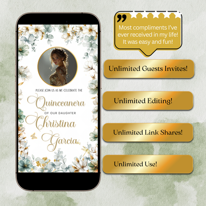 Sage Quinceañera Invitation | Princess Video Invite | Green Sweet 16 Evite | Editable Canva Template