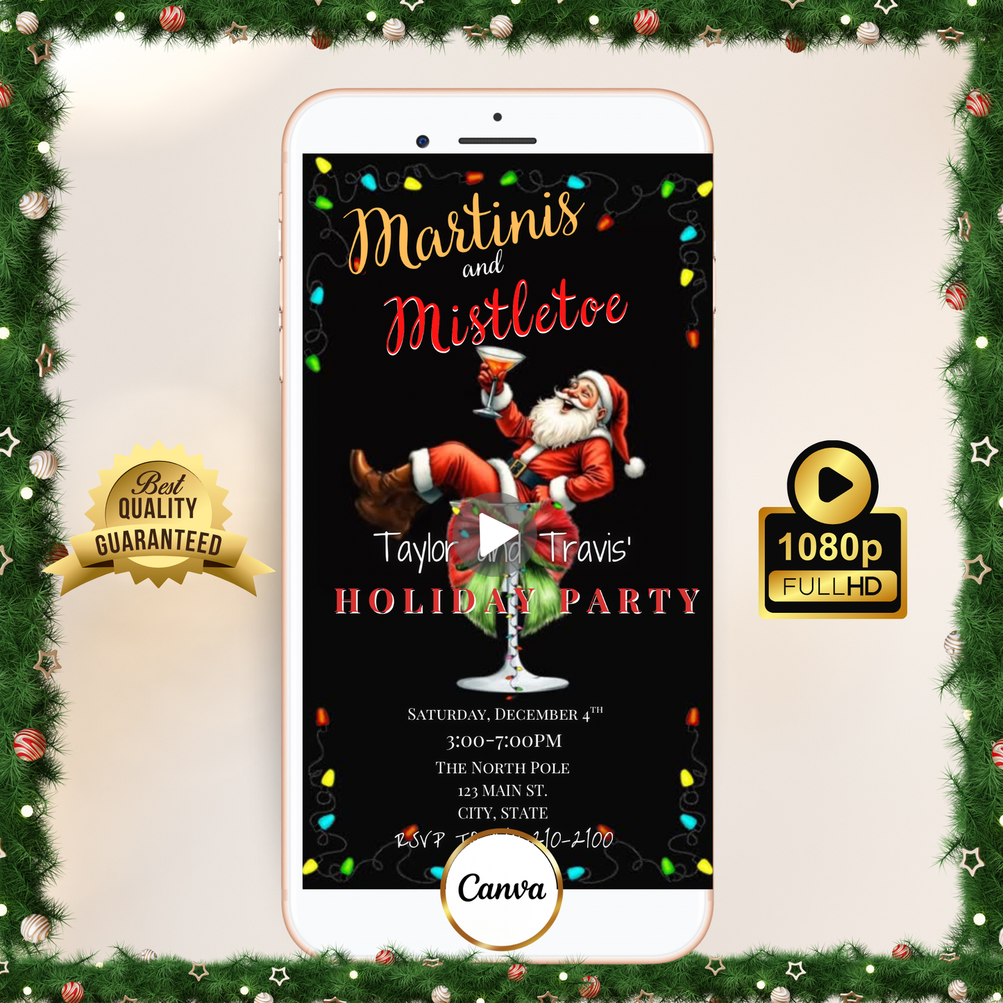 Funny Christmas video invitation featuring Santa relaxing in a martini glass with festive holiday lights and bold “Martinis and Mistletoe” text. Editable Canva template includes background music, instant download, and RSVP website link for easy sharing via text, WhatsApp, or email. Perfect for holiday cocktail parties, office celebrations, and Friendsmas events.