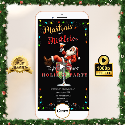 Funny Christmas video invitation featuring Santa relaxing in a martini glass with festive holiday lights and bold “Martinis and Mistletoe” text. Editable Canva template includes background music, instant download, and RSVP website link for easy sharing via text, WhatsApp, or email. Perfect for holiday cocktail parties, office celebrations, and Friendsmas events.