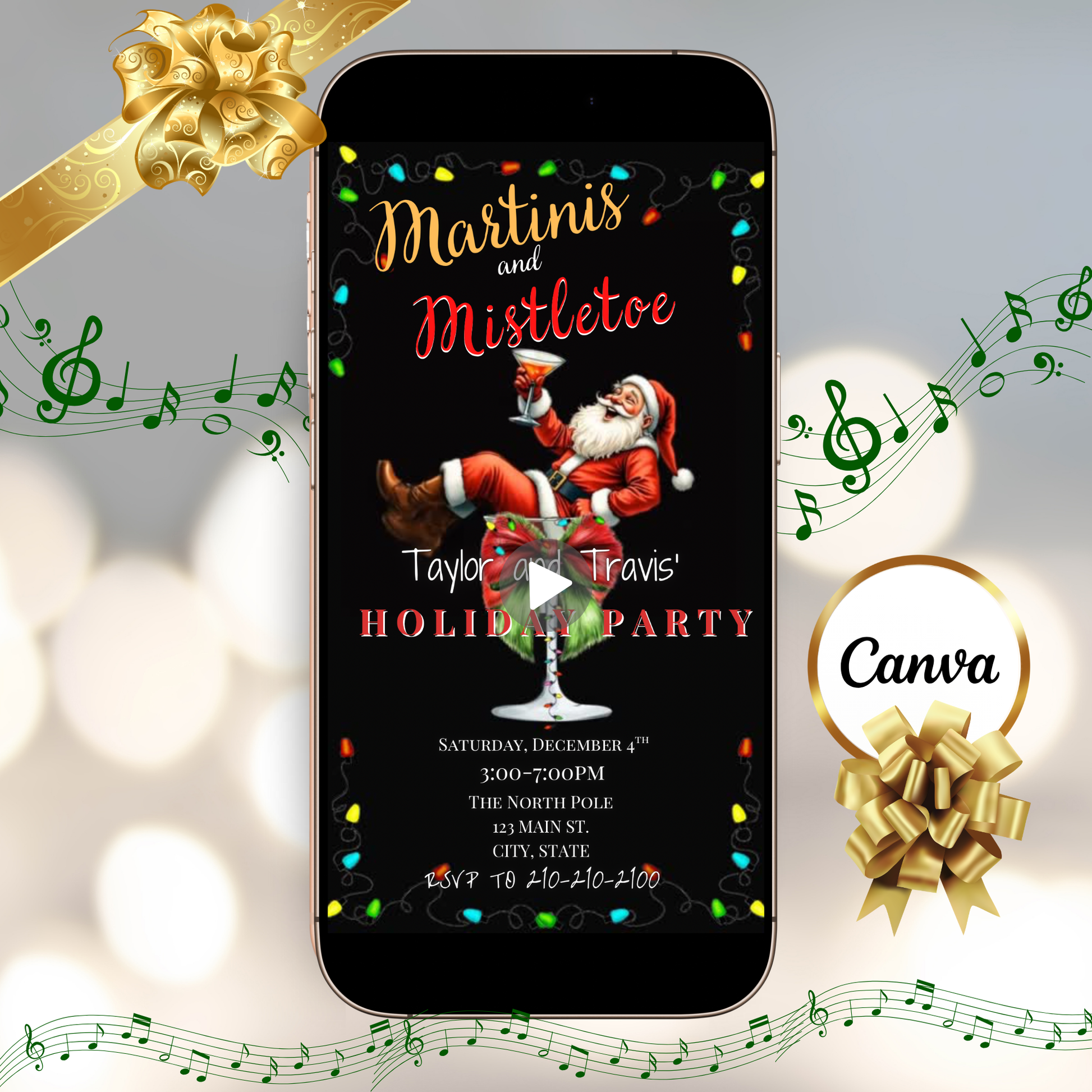 Funny Christmas video invitation featuring Santa relaxing in a martini glass with festive holiday lights and bold “Martinis and Mistletoe” text. Editable Canva template includes background music, instant download, and RSVP website link for easy sharing via text, WhatsApp, or email. Perfect for holiday cocktail parties, office celebrations, and Friendsmas events.