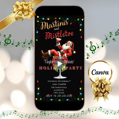 Funny Christmas video invitation featuring Santa relaxing in a martini glass with festive holiday lights and bold “Martinis and Mistletoe” text. Editable Canva template includes background music, instant download, and RSVP website link for easy sharing via text, WhatsApp, or email. Perfect for holiday cocktail parties, office celebrations, and Friendsmas events.