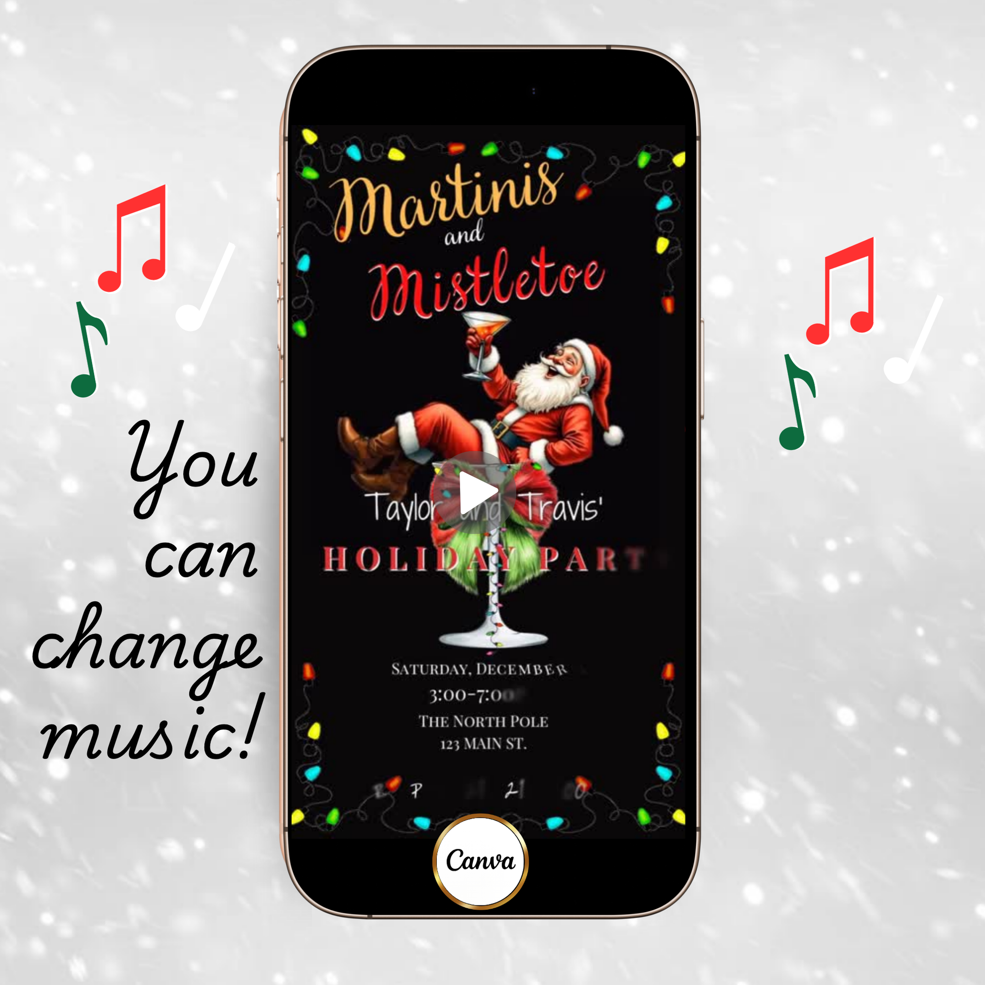 Funny Christmas video invitation featuring Santa relaxing in a martini glass with festive holiday lights and bold “Martinis and Mistletoe” text. Editable Canva template includes background music, instant download, and RSVP website link for easy sharing via text, WhatsApp, or email. Perfect for holiday cocktail parties, office celebrations, and Friendsmas events.