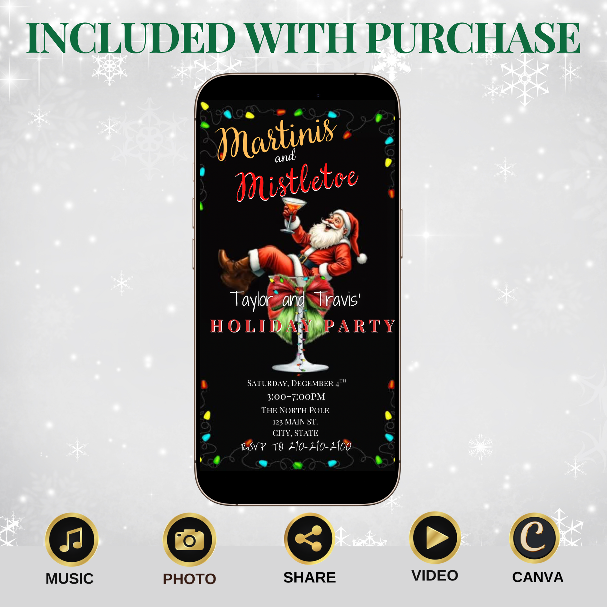 Funny Christmas video invitation featuring Santa relaxing in a martini glass with festive holiday lights and bold “Martinis and Mistletoe” text. Editable Canva template includes background music, instant download, and RSVP website link for easy sharing via text, WhatsApp, or email. Perfect for holiday cocktail parties, office celebrations, and Friendsmas events.