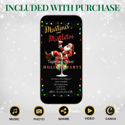 Funny Christmas video invitation featuring Santa relaxing in a martini glass with festive holiday lights and bold “Martinis and Mistletoe” text. Editable Canva template includes background music, instant download, and RSVP website link for easy sharing via text, WhatsApp, or email. Perfect for holiday cocktail parties, office celebrations, and Friendsmas events.