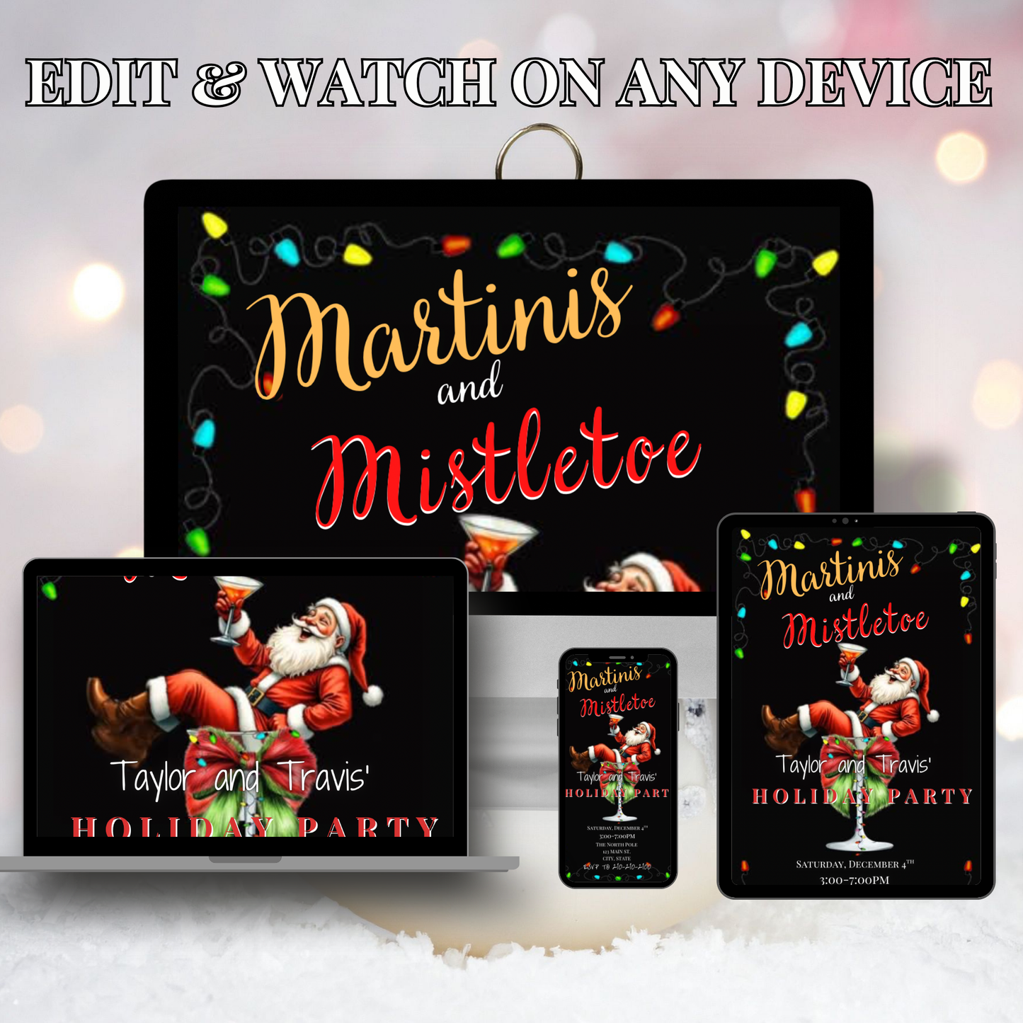 Funny Christmas video invitation featuring Santa relaxing in a martini glass with festive holiday lights and bold “Martinis and Mistletoe” text. Editable Canva template includes background music, instant download, and RSVP website link for easy sharing via text, WhatsApp, or email. Perfect for holiday cocktail parties, office celebrations, and Friendsmas events.