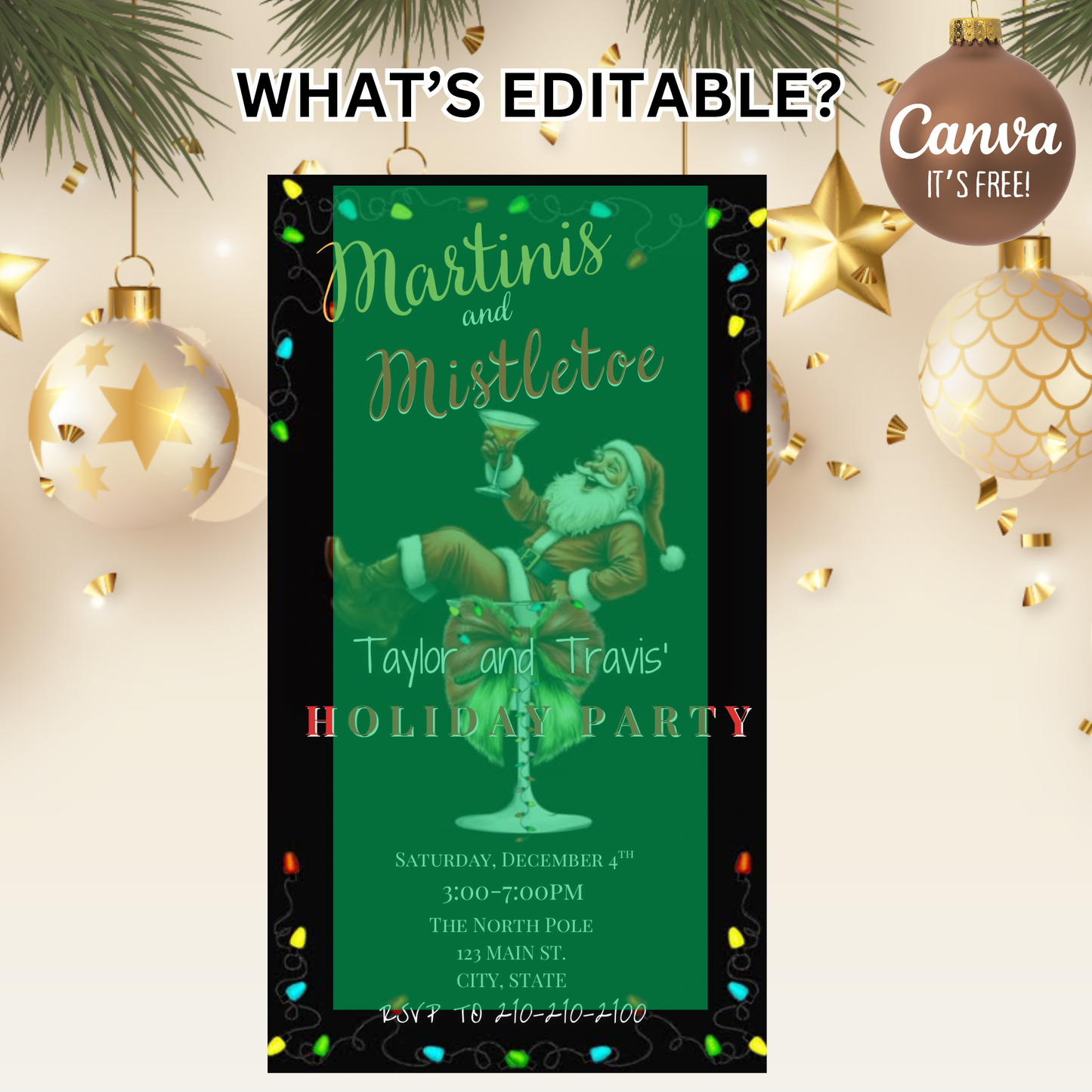 Martinis and Mistletoe Christmas Party Invitation | Funny Santa in Martini Glass Video Invite | Editable Canva Template | Funny Holiday Cocktail Party Evite