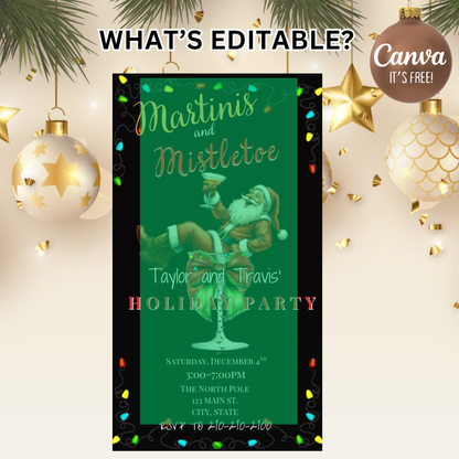 Martinis and Mistletoe Christmas Party Invitation | Funny Santa in Martini Glass Video Invite | Editable Canva Template | Funny Holiday Cocktail Party Evite