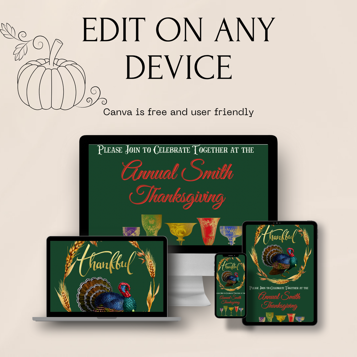 Thanksgiving animated video invitation template with vintage turkey, wheat frame, colorful fall leaves, and retro cocktail glasses. Includes customizable slides for event details and dinner menu. Ideal for family Thanksgiving or Friendsgiving party. Mobile-friendly Canva MP4 evite.