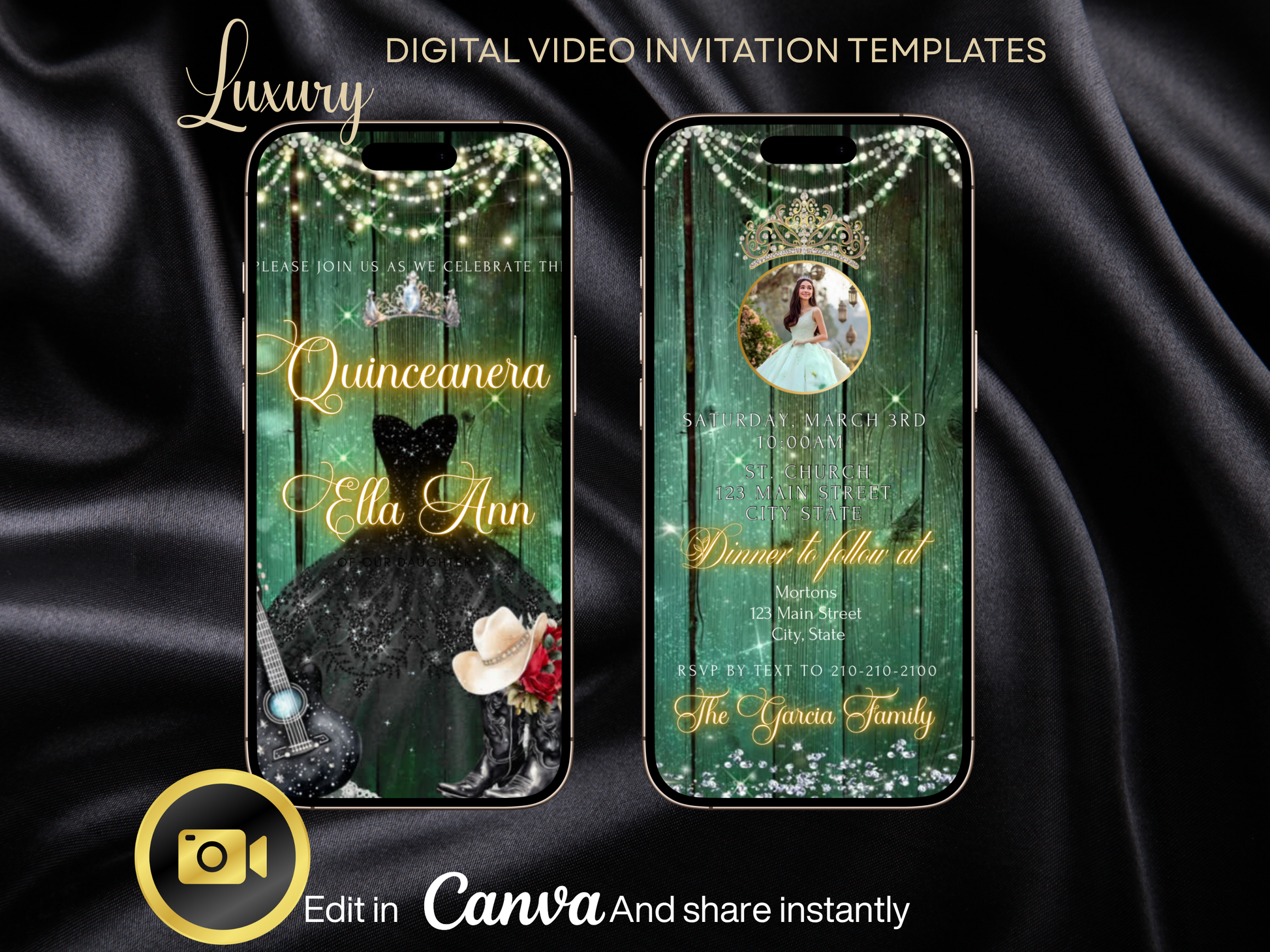 Editable Quinceañera Invitation Video Template – Elegant Sweet 15 with Black Gown, Rose Accents, Tiara and Green Barn Wood Background | Canva MP4 Digital Download for Mobile Sharing
