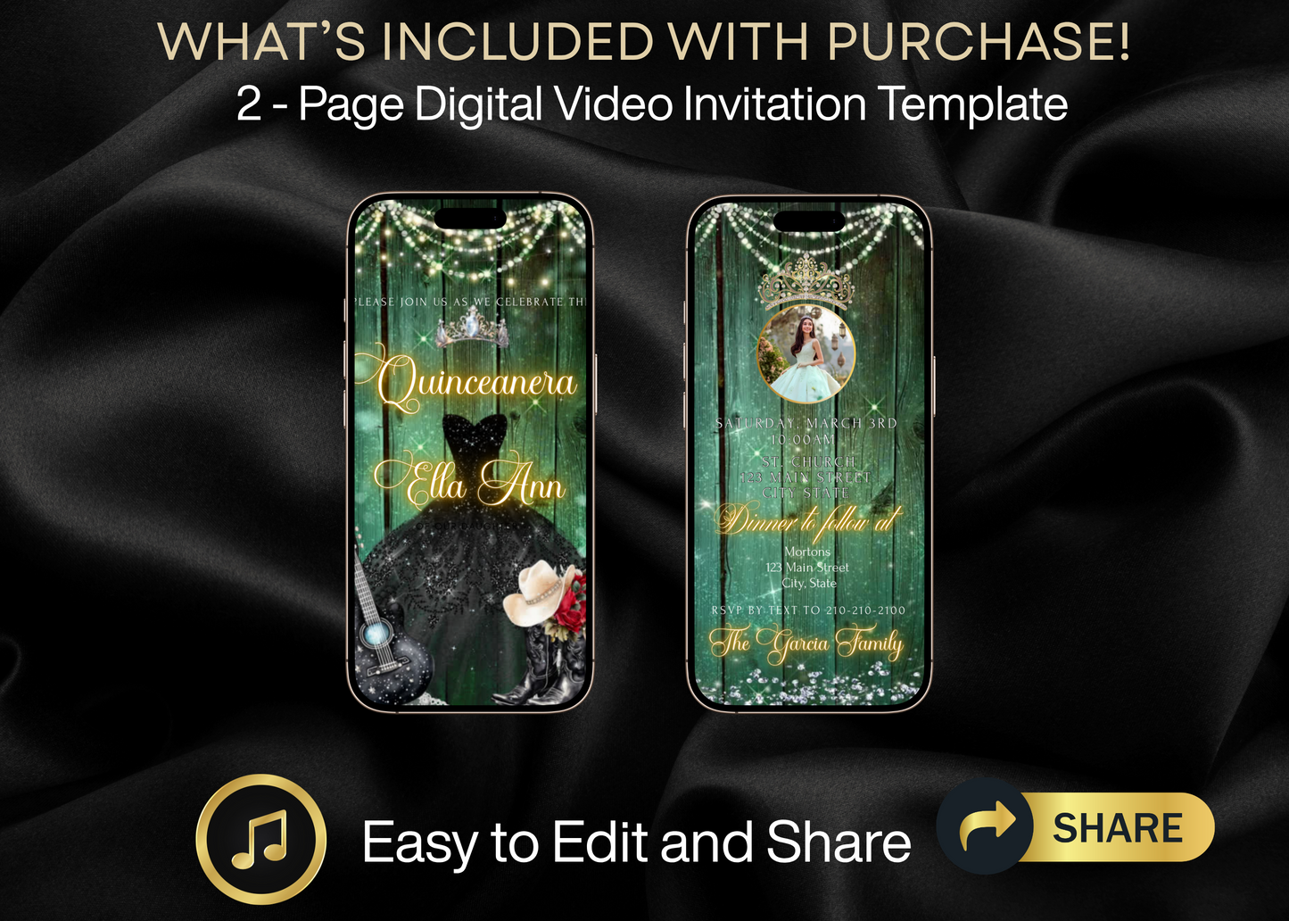Editable Quinceañera Invitation Video Template – Elegant Sweet 15 with Black Gown, Rose Accents, Tiara and Green Barn Wood Background | Canva MP4 Digital Download for Mobile Sharing
