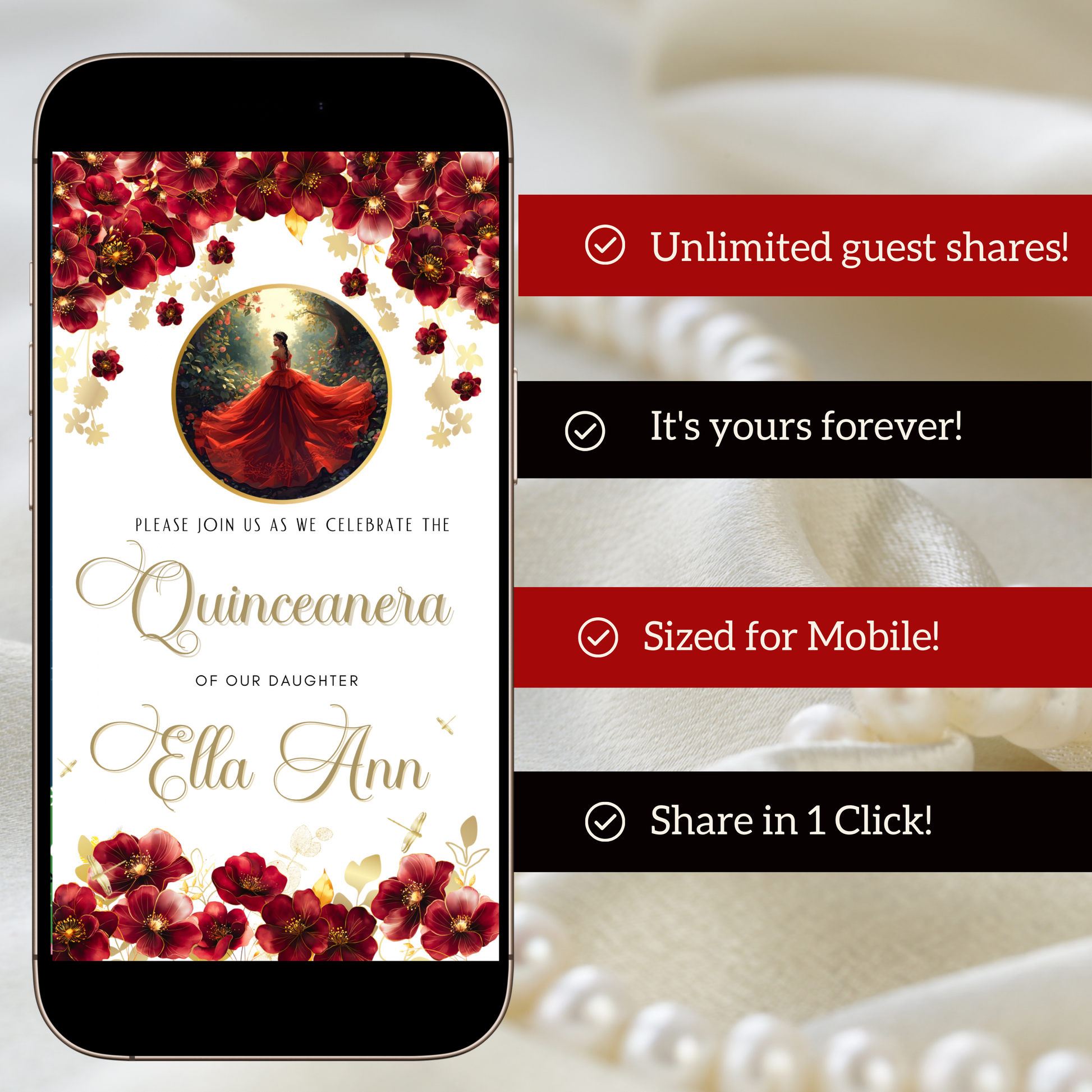 Editable Red Rose Quinceañera video invitation with elegant crown and floral design. Customize this digital Canva template for Sweet 15 celebrations with red roses, gold accents, and flowing gown details. Instant download, mobile-friendly MP4 evite with music, perfect for sharing on WhatsApp, text, email, or social media for a glamorous quince party.