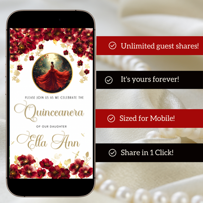 Editable Red Rose Quinceañera video invitation with elegant crown and floral design. Customize this digital Canva template for Sweet 15 celebrations with red roses, gold accents, and flowing gown details. Instant download, mobile-friendly MP4 evite with music, perfect for sharing on WhatsApp, text, email, or social media for a glamorous quince party.