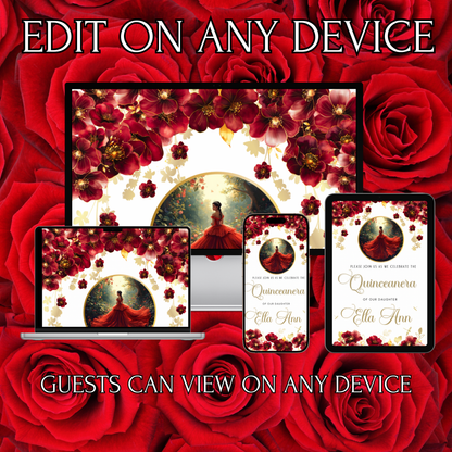 Red Quinceanera Invitation Video Editable Animated Sweet 15 Chic Red Rose Mobile Evite