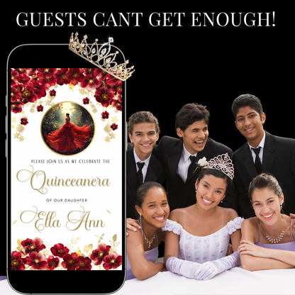 Editable Red Rose Quinceañera video invitation with elegant crown and floral design. Customize this digital Canva template for Sweet 15 celebrations with red roses, gold accents, and flowing gown details. Instant download, mobile-friendly MP4 evite with music, perfect for sharing on WhatsApp, text, email, or social media for a glamorous quince party.