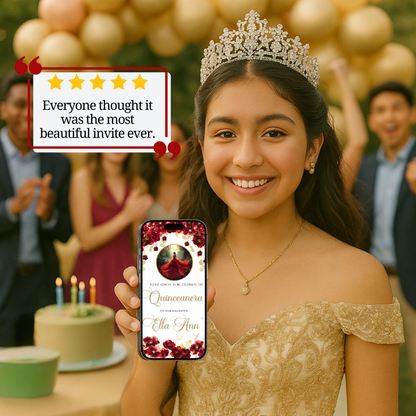 Editable Red Rose Quinceañera video invitation with elegant crown and floral design. Customize this digital Canva template for Sweet 15 celebrations with red roses, gold accents, and flowing gown details. Instant download, mobile-friendly MP4 evite with music, perfect for sharing on WhatsApp, text, email, or social media for a glamorous quince party.
