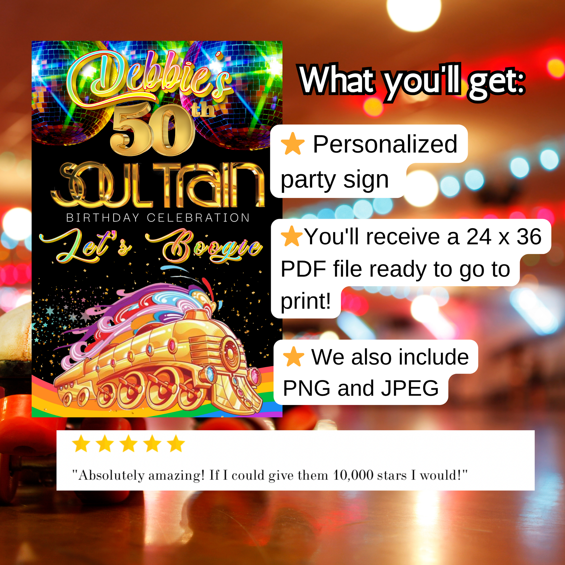 Soul Train 50th birthday celebration welcome sign featuring gold disco-style text, vibrant disco balls, rainbow Soul Train graphic, and the phrase “Let’s Boogie” on a black background with colorful sparkles. Displayed on an easel with a note recommending foam board for best results. Perfect for a disco, boogie night, or retro 70s themed party decoration.