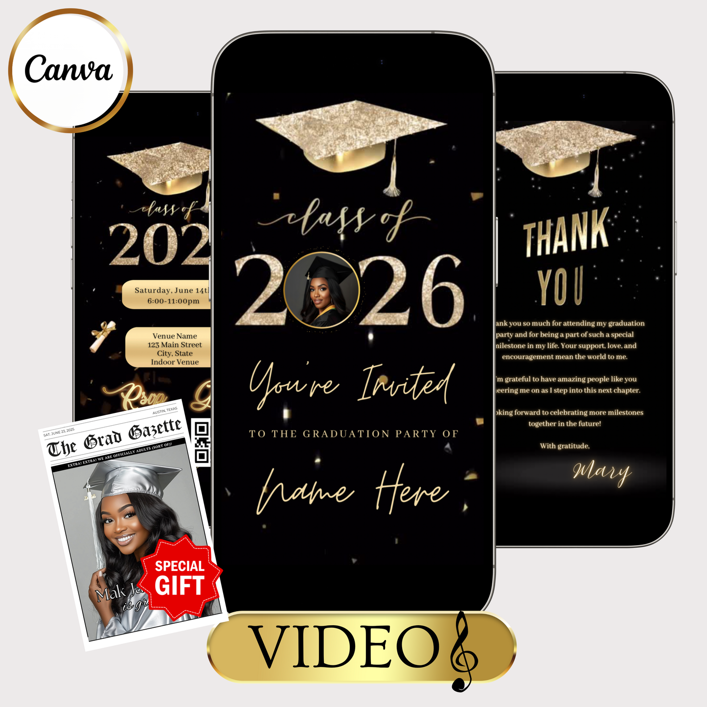 2026 Graduation Party Video Invitation | Digital Graduation Invite | Editable Online Canva Template