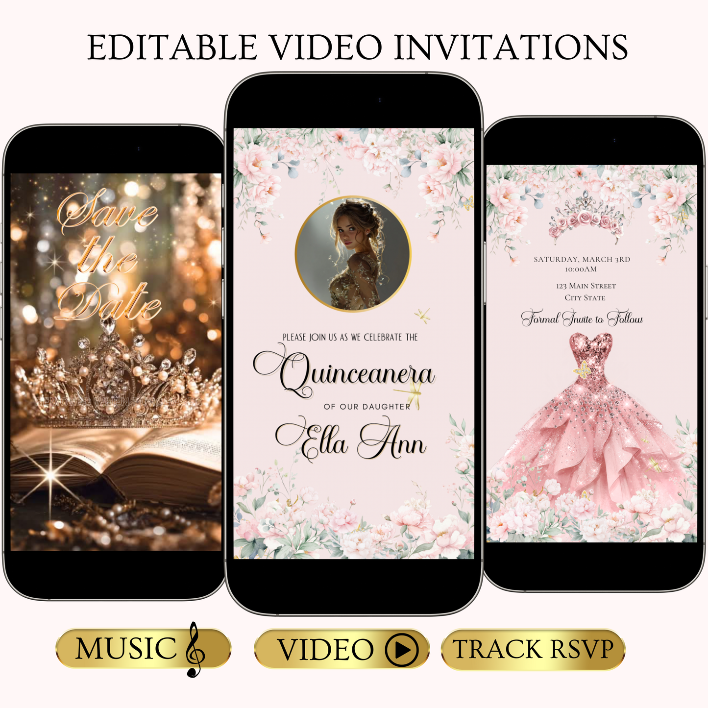Pink Quinceanera Video Invite | Animated Sweet 15 Quince Invite | Editable Canva Evite Template