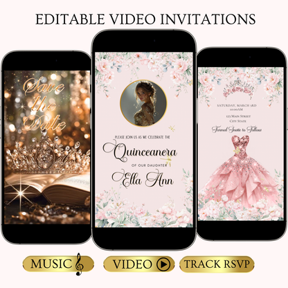 Pink Quinceanera Video Invite | Animated Sweet 15 Quince Invite | Editable Canva Evite Template