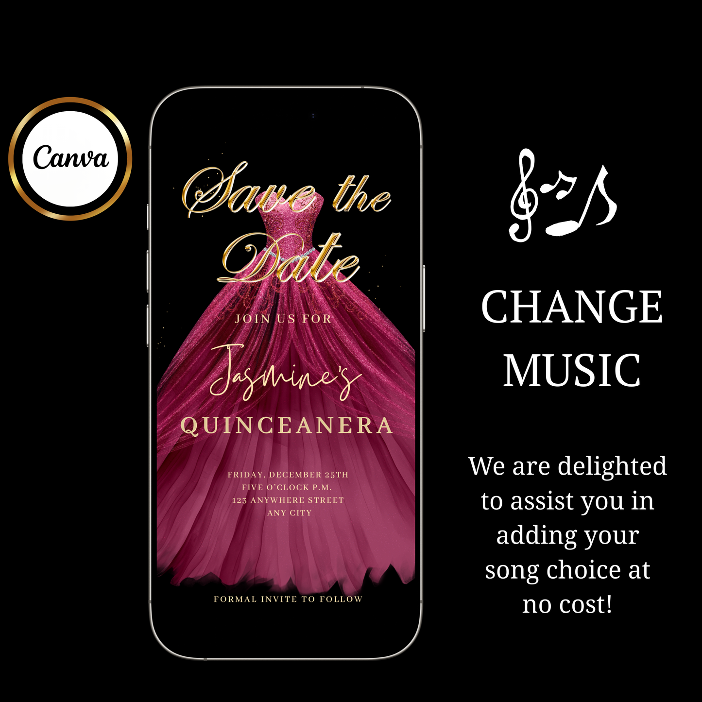 Maroon Quinceanera Video Invite | Sweet 15 16 Quince RSVP Tracker | Editable Canva Evite Template