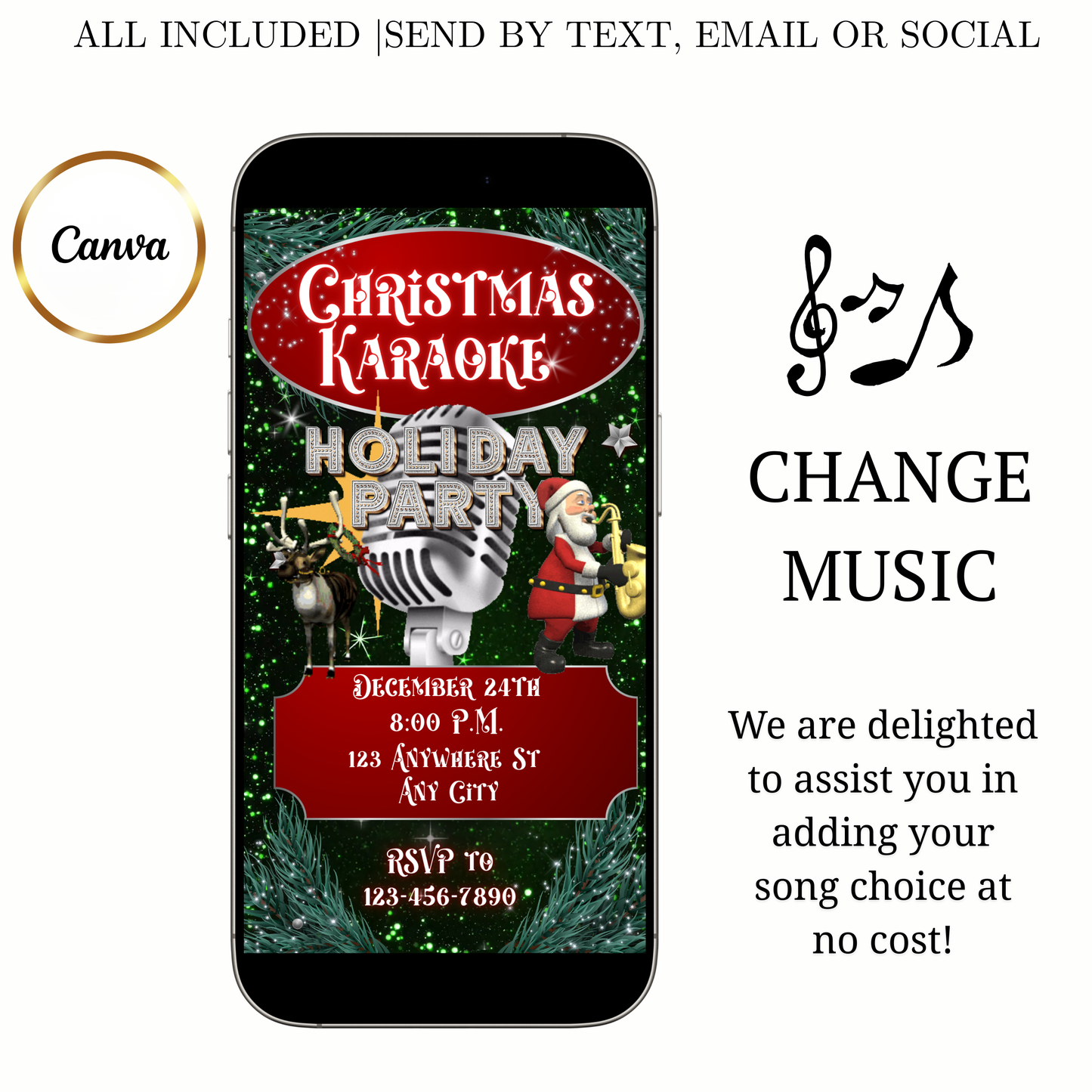 Christmas Karaoke Party Video Invitation | Animated Holiday Party Digital Evite | Editable Canva Invite Template